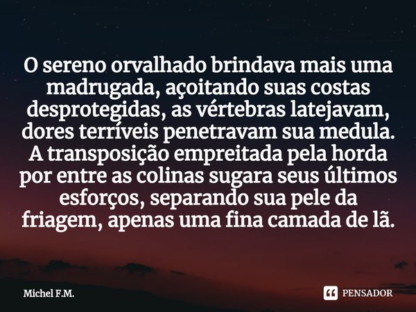 O sereno orvalhado brindava mais uma madrugada, açoitando suas costas desprotegidas, as vértebras latejavam, dores terríveis penetravam sua medula. A transposi... Frase de Michel F.M..