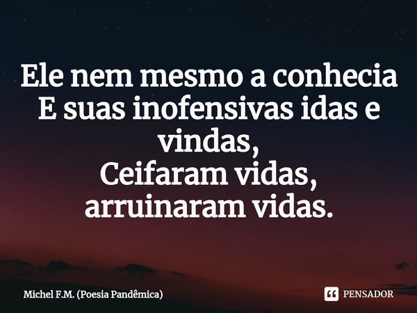 ⁠Ele nem mesmo a conhecia
E suas inofensivas idas e vindas,
Ceifaram vidas, arruinaram vidas.... Frase de Michel F.M. (Poesia Pandêmica).
