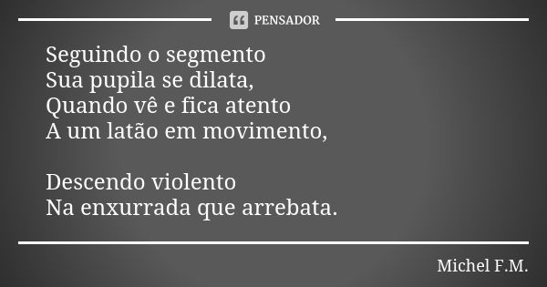 Seguindo o segmento Sua pupila se dilata, Quando vê e fica atento A um latão em movimento, Descendo violento Na enxurrada que arrebata.... Frase de Michel F.M..