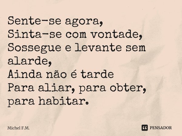 ⁠Sente-se agora,
Sinta-se com vontade,
Sossegue e levante sem alarde,
Ainda não é tarde
Para aliar, para obter, para habitar.... Frase de Michel F.M..