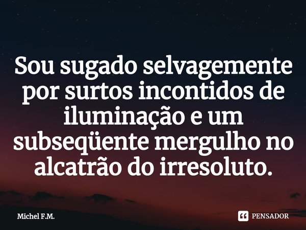 ⁠Sou sugado selvagemente por surtos incontidos de iluminação e um subseqüente mergulho no alcatrão do irresoluto.... Frase de Michel F.M..