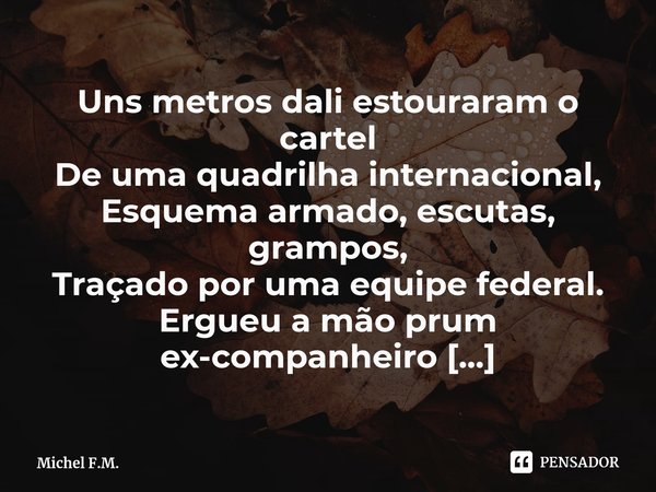 ⁠Uns metros dali estouraram o cartel
De uma quadrilha internacional,
Esquema armado, escutas, grampos,
Traçado por uma equipe federal.... Frase de Michel F.M..