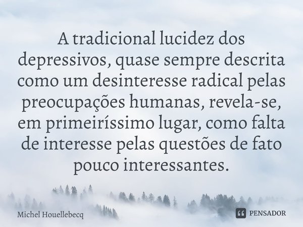 ⁠A tradicional lucidez dos depressivos, quase sempre descrita como um desinteresse radical pelas preocupações humanas, revela-se, em primeiríssimo lugar, como f... Frase de Michel Houellebecq.