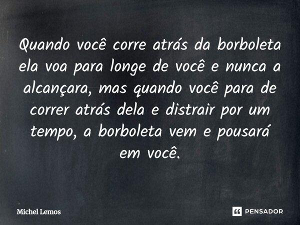 ⁠Quando você corre atrás da borboleta ela voa para longe de você e nunca a alcançara, mas quando você para de correr atrás dela e distrair por um tempo, a borbo... Frase de Michel Lemos.