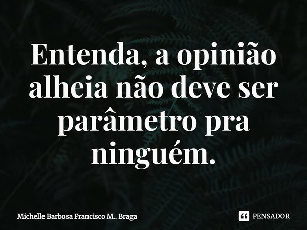 Entenda, ⁠a opinião alheia não deve ser parâmetro pra ninguém.... Frase de Michelle Barbosa Francisco M.. Braga.