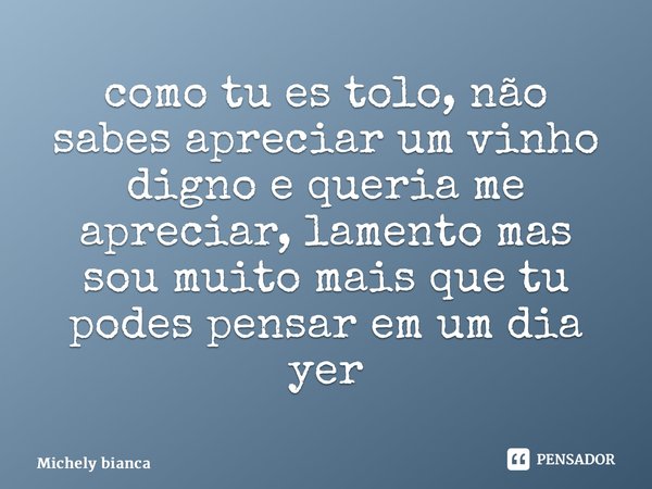 ⁠como tu es tolo, não sabes apreciar um vinho digno e queria me apreciar, lamento mas sou muito mais que tu podes pensar em um dia ter... Frase de Michely Bianca.