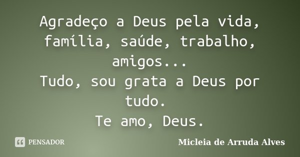 Agradeço a Deus pela vida, família, saúde, trabalho, amigos... Tudo, sou grata a Deus por tudo. Te amo, Deus.... Frase de Micleia de Arruda Alves.