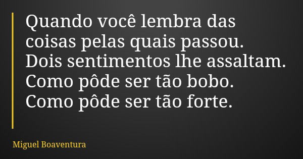 Quando você lembra das coisas pelas quais passou. Dois sentimentos lhe assaltam. Como pôde ser tão bobo. Como pôde ser tão forte.... Frase de Miguel Boaventura.