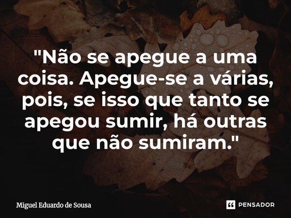 ⁠"Não se apegue a uma coisa. Apegue-se a várias, pois, se isso que tanto se apegou sumir, há outras que não sumiram."... Frase de Miguel Eduardo de Sousa.
