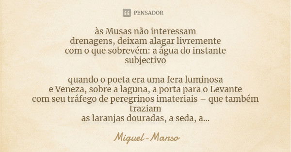 às Musas não interessam
drenagens, deixam alagar livremente
com o que sobrevém: a água do instante
subjectivo quando o poeta era uma fera luminosa
e Veneza, sob... Frase de Miguel Manso.