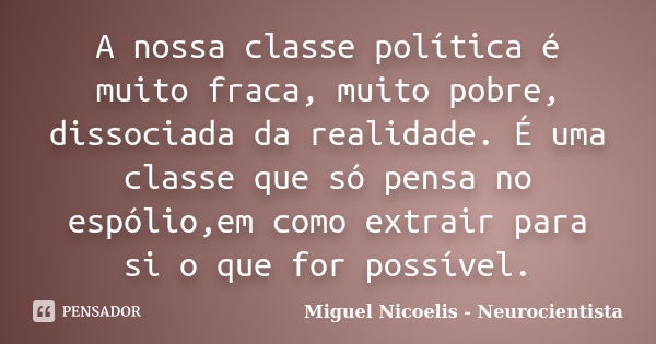 A nossa classe política é muito fraca, muito pobre, dissociada da realidade. É uma classe que só pensa no espólio,em como extrair para si o que for possível.... Frase de Miguel Nicoelis - Neurocientista.