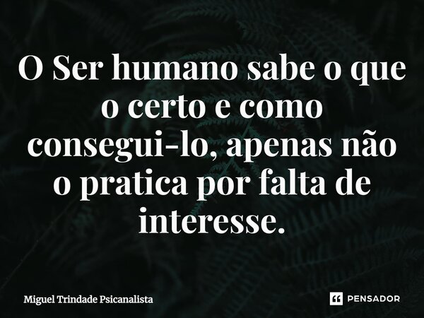 ⁠O Ser humano sabe o que o certo e como consegui-lo, apenas não o pratica por falta de interesse.... Frase de MIguel Trindade Psicanalista.