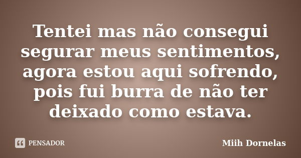 Tentei mas não consegui segurar meus sentimentos, agora estou aqui sofrendo, pois fui burra de não ter deixado como estava.... Frase de Miih Dornelas.