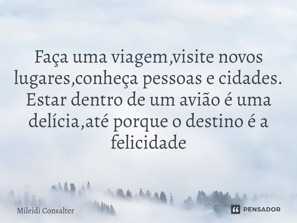 Faça uma viagem,visite novos lugares,conheça pessoas e cidades. Estar dentro de um avião é uma delícia,até porque o destino é a felicidade... Frase de Mileidi Consalter.