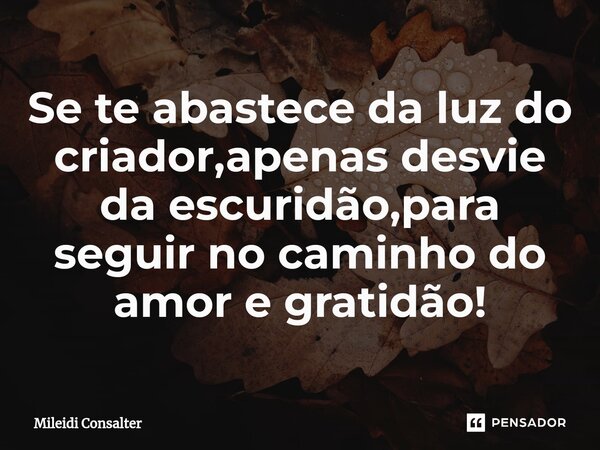 ⁠Se te abastece da luz do criador,apenas desvie da escuridão,para seguir no caminho do amor e gratidão!... Frase de Mileidi Consalter.