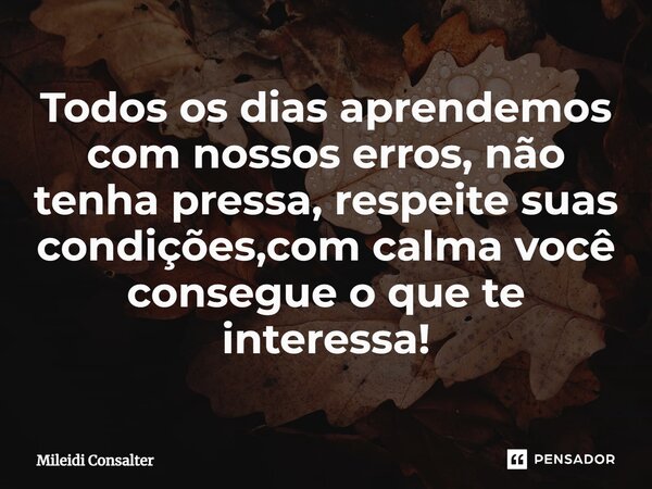 ⁠Todos os dias aprendemos com nossos erros, não tenha pressa, respeite suas condições, com calma você consegue o que te interessa!... Frase de Mileidi Consalter.