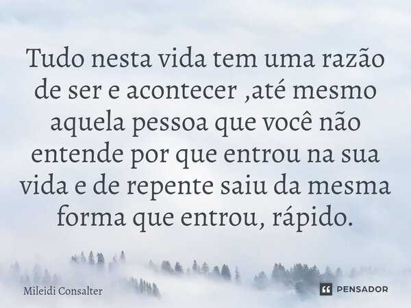 ⁠Tudo nesta vida tem uma razão de ser e acontecer ,até mesmo aquela pessoa que você não entende por que entrou na sua vida e de repente saiu da mesma forma que ... Frase de Mileidi Consalter.