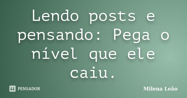 Lendo posts e pensando: Pega o nível que ele caiu.... Frase de Milena Leão.