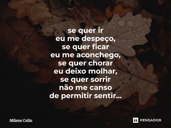 ⁠se quer ir eu me despeço, se quer ficar eu me aconchego, se quer chorar eu deixo molhar, se quer sorrir não me canso de permitir sentir...... Frase de Milene Colin.