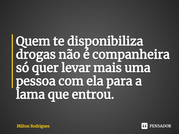 ⁠Quem te disponibiliza drogas não é companheira só quer levar mais uma pessoa com ela para a lama que entrou.... Frase de Milton Rodrigues.