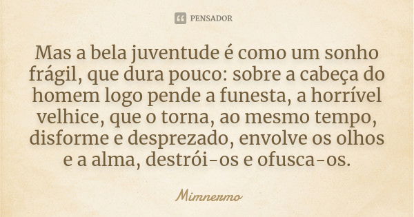 Mas a bela juventude é como um sonho frágil, / que dura pouco: sobre a cabeça do homem / logo pende a funesta, a horrível velhice, / que o torna, ao mesmo tempo... Frase de Mimnermo.