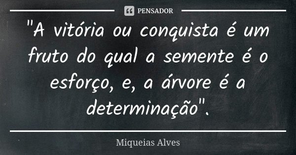 "A vitória ou conquista é um fruto do qual a semente é o esforço, e, a árvore é a determinação".... Frase de Miqueias Alves.