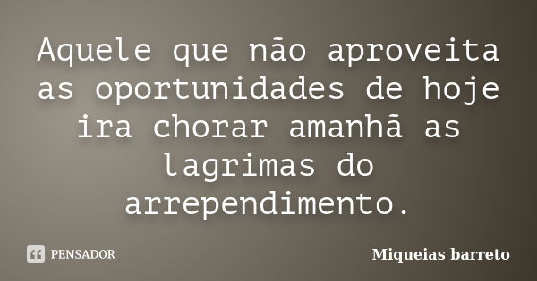 Aquele que não aproveita as oportunidades de hoje ira chorar amanhã as lagrimas do arrependimento.... Frase de Miqueias barreto.