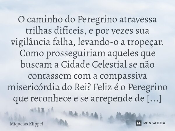 O caminho do Peregrino atravessa trilhas difíceis, e por vezes sua vigilância falha, levando-o a tropeçar. Como prosseguiriam aqueles que buscam a Cidade Celest... Frase de Miqueias Klippel.