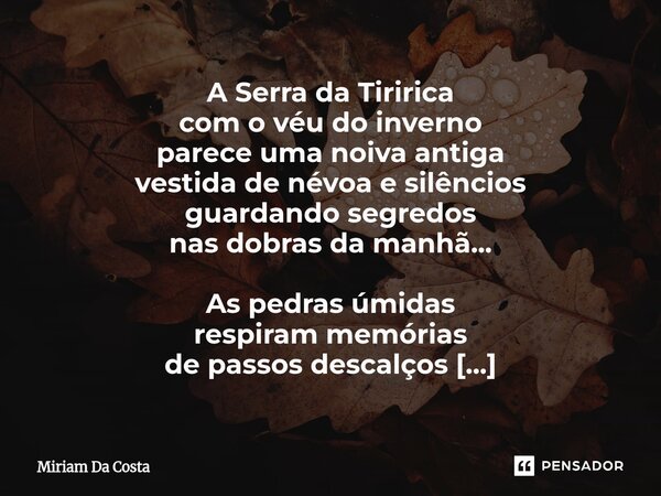A Serra da Tiririca com o véu do inverno parece uma noiva antiga vestida de névoa e silêncios guardando segredos nas dobras da manhã... As pedras úmidas respir... Frase de Miriam Da Costa.
