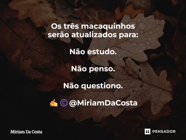 Os três macaquinhos serão atualizados para: Não estudo. Não penso. Não questiono. ✍©️@MiriamDaCosta... Frase de Miriam Da Costa.