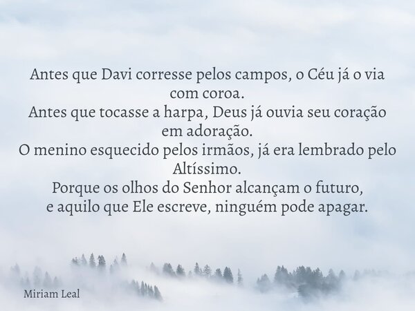 Antes que Davi corresse pelos campos, o Céu já o via com coroa. Antes que tocasse a harpa, Deus já ouvia seu coração em adoração. O menino esquecido pelos irmão... Frase de Miriam Leal.