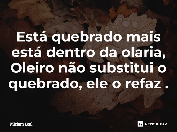 ⁠Está quebrado mais está dentro da olaria, Oleiro não substitui o quebrado, ele o refaz .... Frase de Miriam Leal.