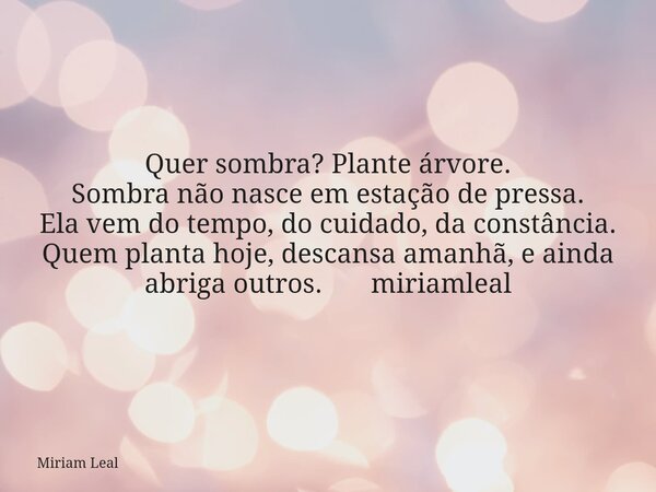Quer sombra? Plante árvore. Sombra não nasce em estação de pressa. Ela vem do tempo, do cuidado, da constância. Quem planta hoje, descansa amanhã, e ainda abrig... Frase de Miriam Leal.