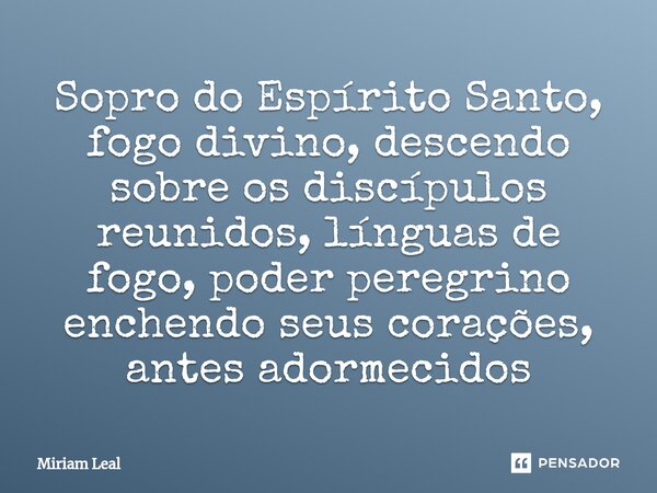 ⁠Sopro do Espírito Santo, fogo divino, descendo sobre os discípulos reunidos, línguas de fogo, poder peregrino enchendo seus corações, antes adormecidos... Frase de Miriam Leal.