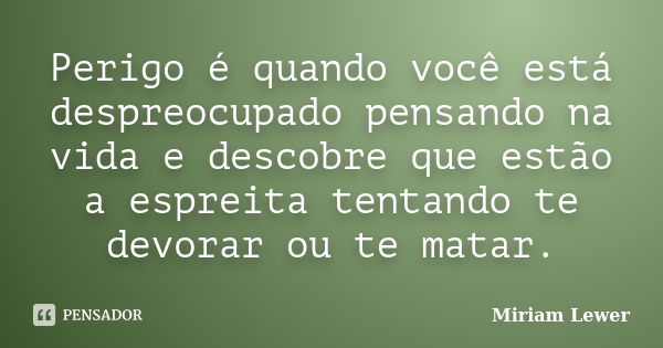 Perigo é quando você está despreocupado pensando na vida e descobre que estão a espreita tentando te devorar ou te matar.... Frase de Miriam Lewer.