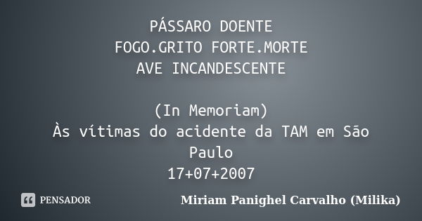 PÁSSARO DOENTE FOGO.GRITO FORTE.MORTE AVE INCANDESCENTE (In Memoriam) Às vítimas do acidente da TAM em São Paulo 17+07+2007... Frase de Miriam Panighel Carvalho (Milika).