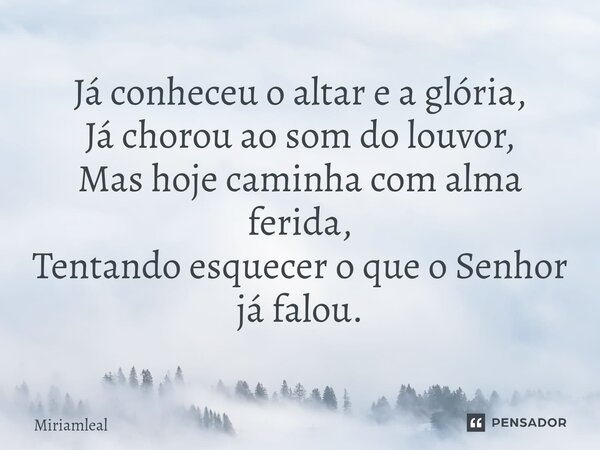 ⁠Já conheceu o altar e a glória, Já chorou ao som do louvor, Mas hoje caminha com alma ferida, Tentando esquecer o que o Senhor já falou.... Frase de Miriamleal.