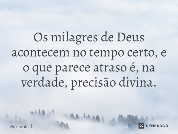 ⁠Os milagres de Deus acontecem no tempo certo, e o que parece atraso é, na verdade, precisão divina.... Frase de Miriamleal.