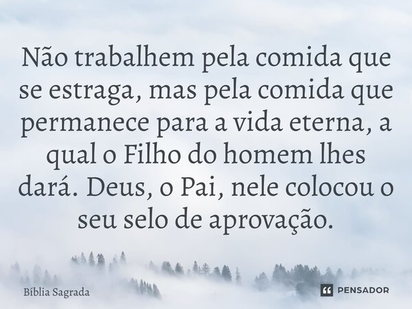 Não trabalhem pela comida que se estraga, mas pela comida que permanece para a vida eterna, a qual o Filho do homem lhes dará. Deus, o Pai, nele colocou o seu s... Frase de Bíblia Sagrada.