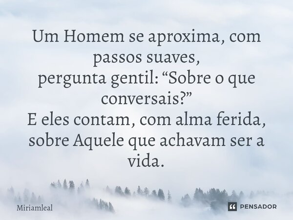 ⁠Um Homem se aproxima, com passos suaves, pergunta gentil: “Sobre o que conversais?” E eles contam, com alma ferida, sobre Aquele que achavam ser a vida.... Frase de Miriamleal.