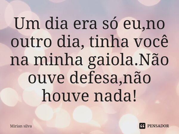 Um dia era só eu,no outro dia, tinha você na minha gaiola.Não ouve defesa,não houve nada!... Frase de Mirian Silva.