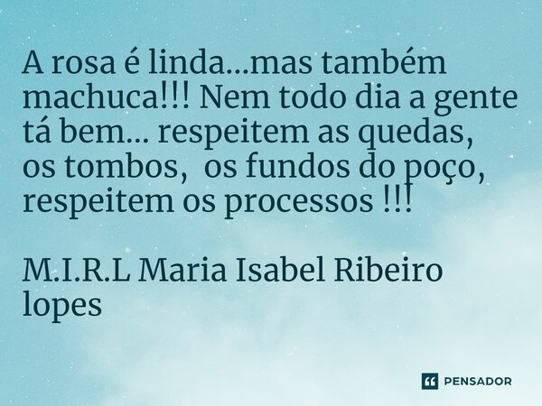 ⁠A rosa é linda...mas também machuca!!! Nem todo dia a gente tá bem... respeitem as quedas, os tombos, os fundos do poço, respeitem os processos !!!... Frase de M.I.R.L Maria Isabel Ribeiro lopes.