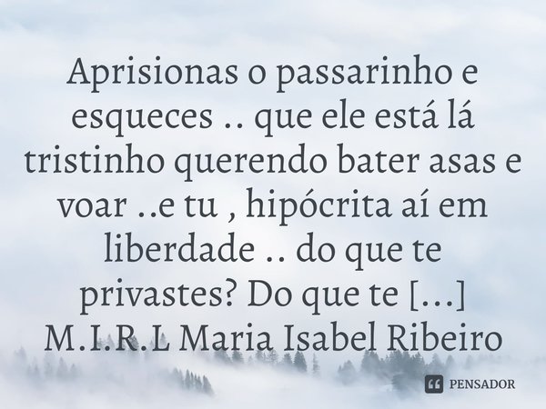 Aprisionas o passarinho e esqueces .. que ele está lá tristinho querendo bater asas e voar ..e tu , hipócrita aí em liberdade .. do que te privastes? Do que te ... Frase de M.I.R.L Maria Isabel Ribeiro lopes.