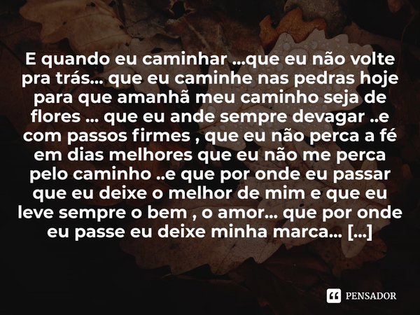 E quando eu caminhar ...que eu não volte pra trás... que eu caminhe nas pedras hoje para que amanhã meu caminho seja de flores ... que eu ande sempre devagar .... Frase de M.I.R.L Maria Isabel Ribeiro lopes.