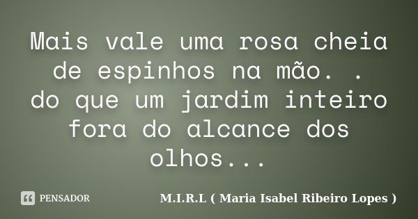 Mais vale uma rosa cheia de espinhos na mão. . do que um jardim inteiro fora do alcance dos olhos...... Frase de M.I.R.L ( Maria Isabel Ribeiro Lopes ).