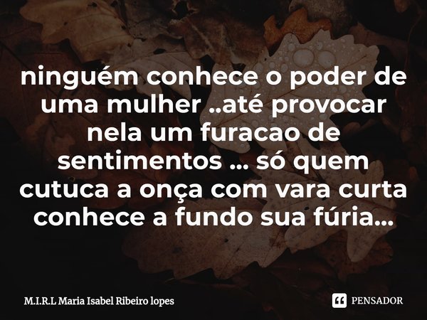 ⁠ninguém conhece o poder de uma mulher ..até provocar nela um furacao de sentimentos ... só quem cutuca a onça com vara curta conhece a fundo sua fúria...... Frase de M.I.R.L Maria Isabel Ribeiro lopes.