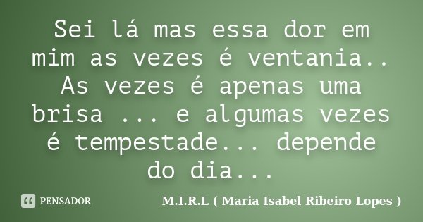 Sei lá mas essa dor em mim as vezes é ventania.. As vezes é apenas uma brisa ... e algumas vezes é tempestade... depende do dia...... Frase de M.I.R.L Maria Isabel Ribeiro Lopes.