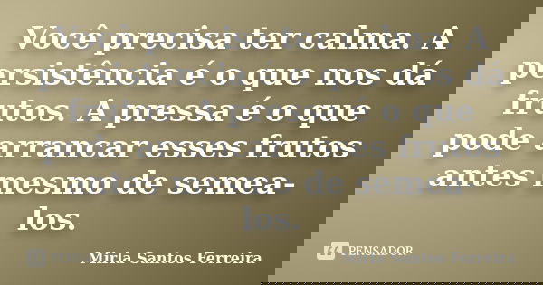 Você precisa ter calma. A persistência é o que nos dá frutos. A pressa é o que pode arrancar esses frutos antes mesmo de semea-los.... Frase de Mirla Santos Ferreira.