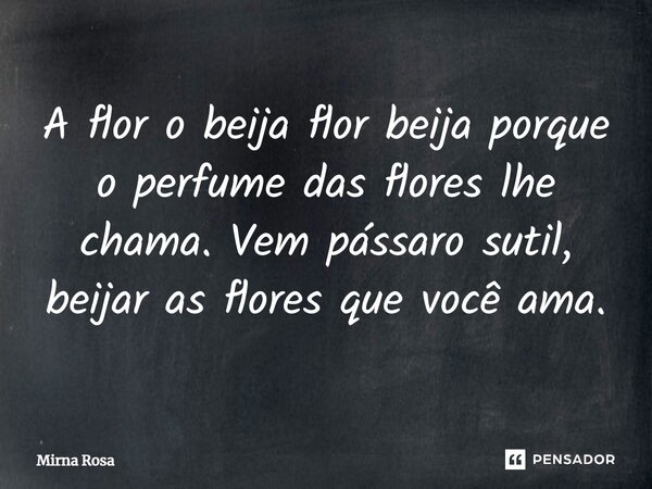 ⁠A flor o beija flor beija porque o perfume das flores lhe chama. Vem pássaro sutil, beijar as flores que você ama.... Frase de Mirna Rosa.