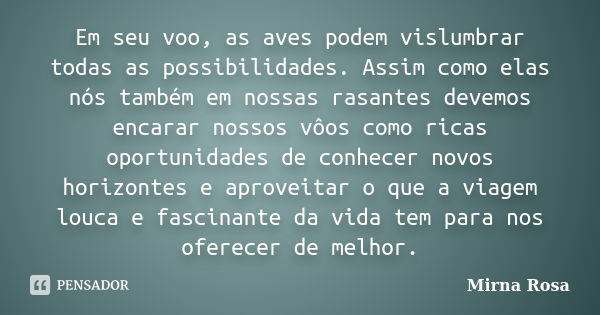 Em seu voo, as aves podem vislumbrar todas as possibilidades. Assim como elas nós também em nossas rasantes devemos encarar nossos vôos como ricas oportunidades... Frase de Mirna Rosa.